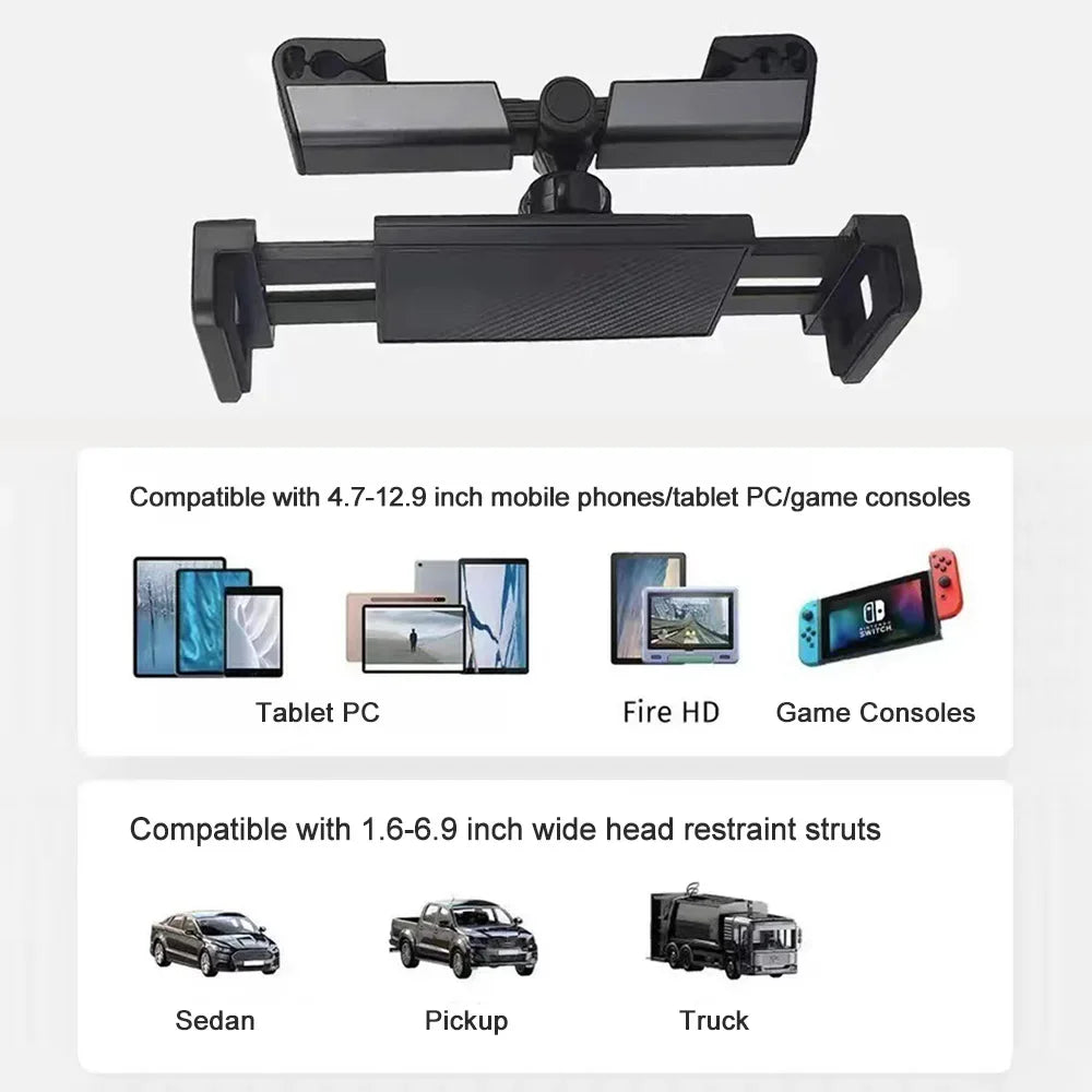 Black universal telescopic car phone mount compatible with mobile phones, tablets, and game consoles.