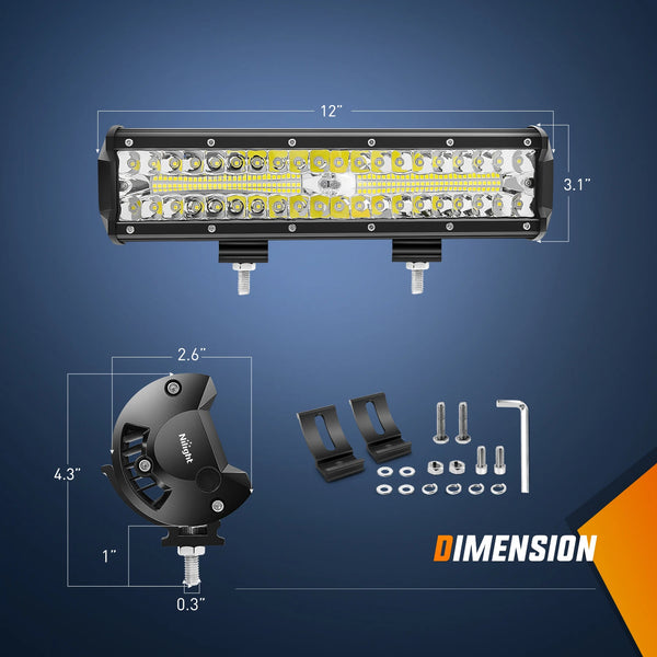 Off-Road LED light bar and pod combo kit with wiring harness shown with dimensions and components.