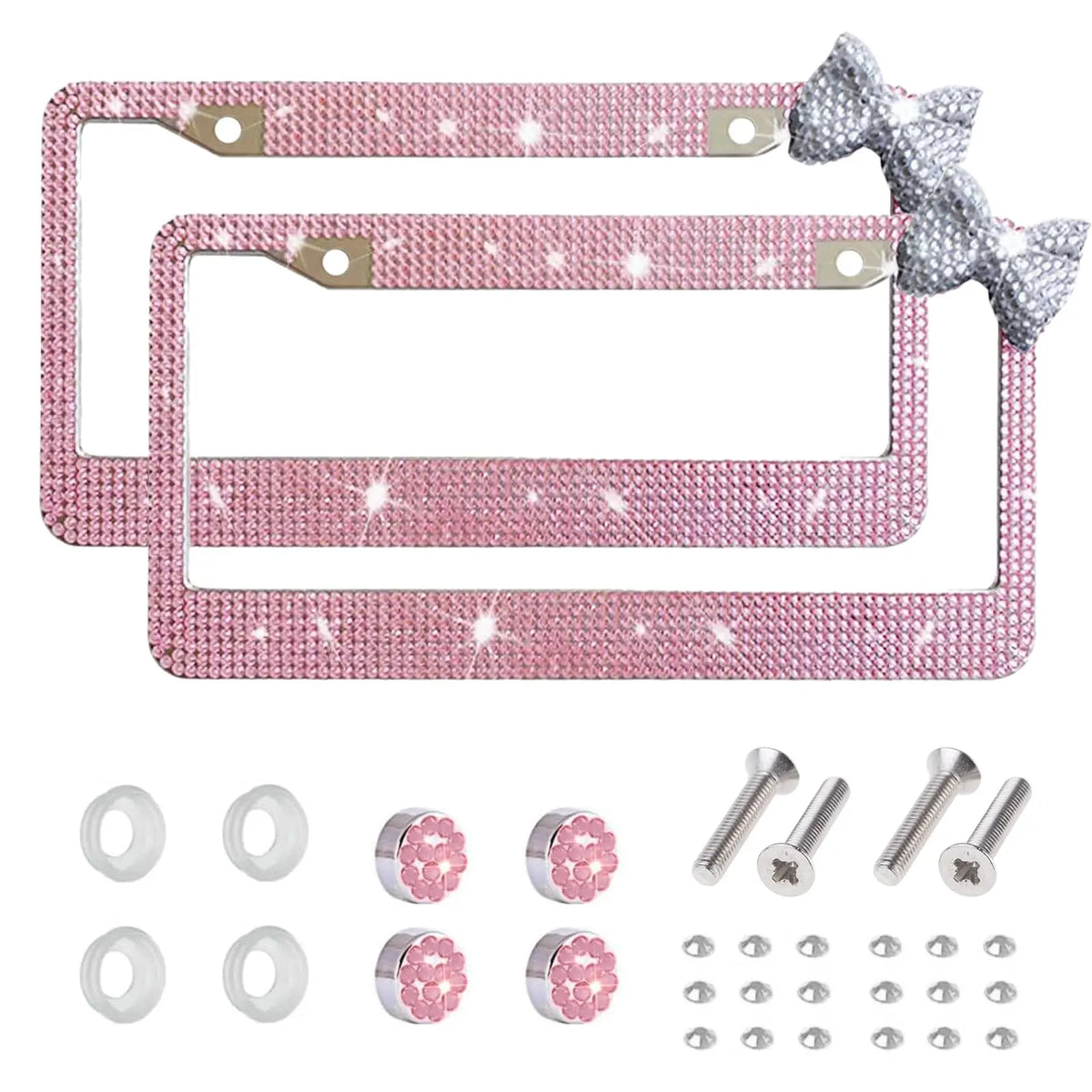 A set of pink decorative license plate frames with bow accents and mounting hardware.