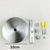 Modern stainless steel pendant lamp components including a circular base, mounting plate, and various screws.