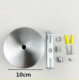 Modern stainless steel pendant lamp components including a circular base, mounting plate, and various screws.