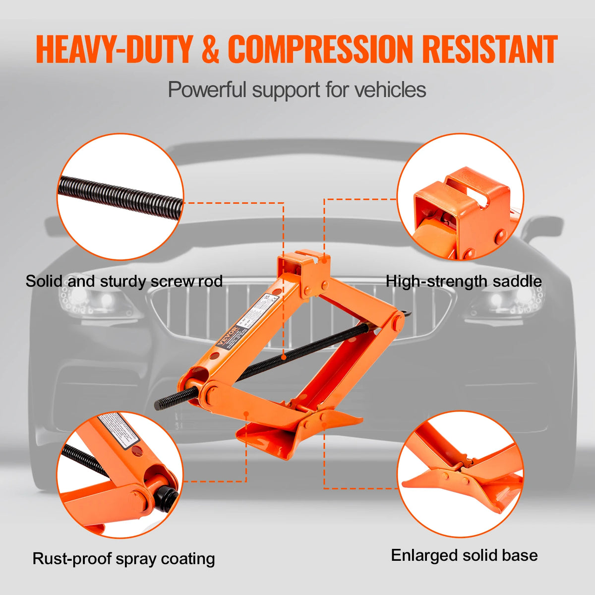 Kit de cric à voiture manuels orange, incluant une tige et une selle pour le support du véhicule