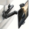 A black universal rotating mount attaches to a white car headrest, holding a tablet or phone.