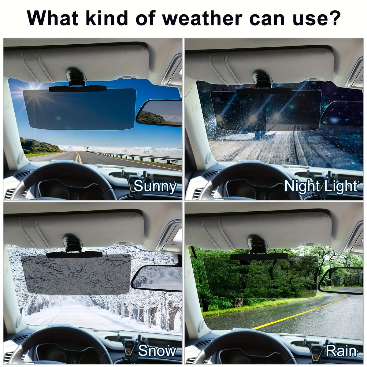Four images showing a car interior with different weather conditions: sunny, night light, snow, and rain.