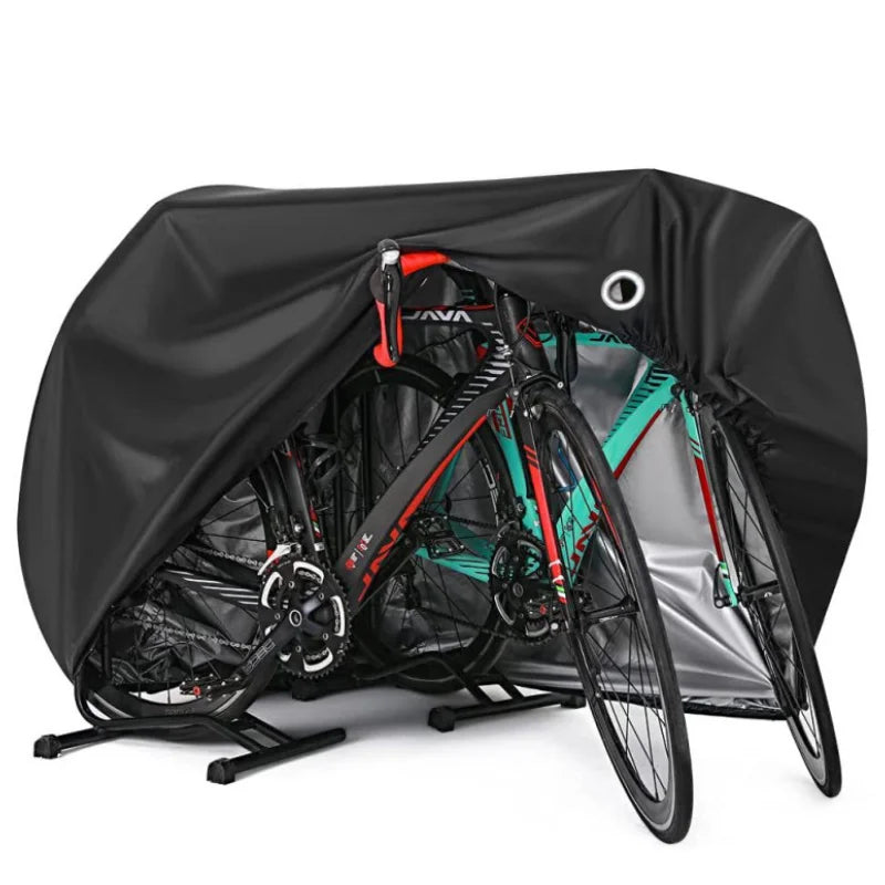 Black all-weather bicycle cover with a visible lock hole, shown open.