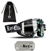 A set of black and multi-colored motorcycle goggles and a matching drawstring bag.