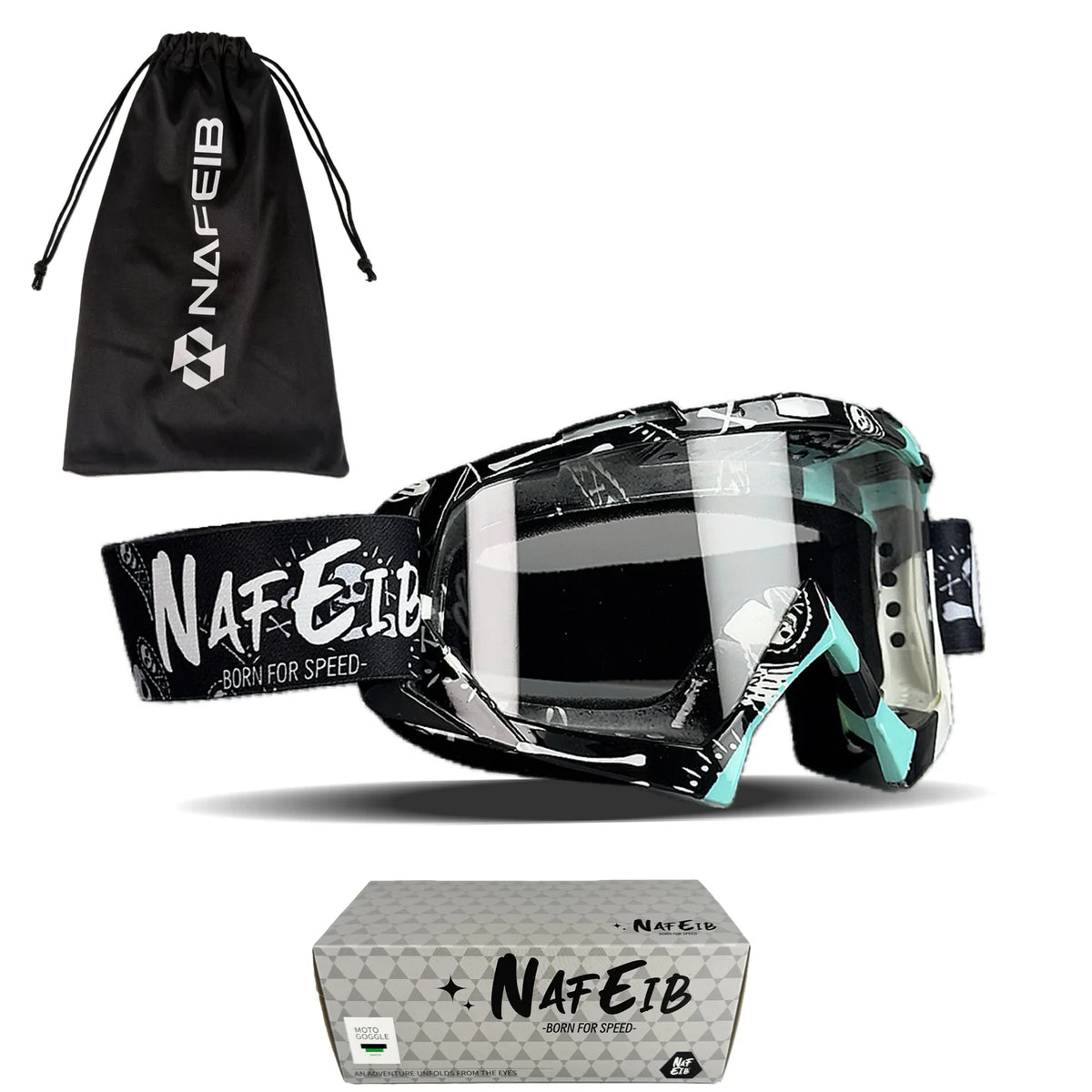 A set of black and multi-colored motorcycle goggles and a matching drawstring bag.