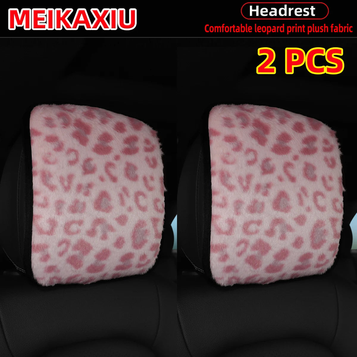 Two leopard print plush fabric headrest pillow covers for car seats
