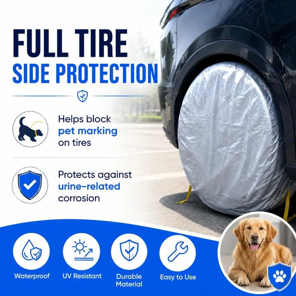 A silver tire storage cover is shown protecting a car tire from side marking and corrosion.