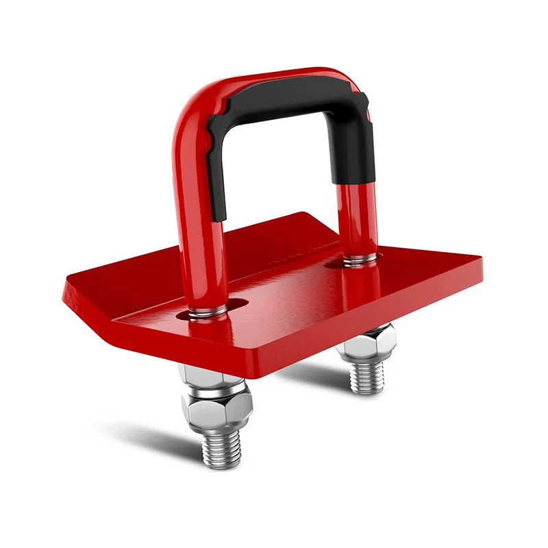 A red heavy duty trailer anti-rattle stabilizer lock with a black handle and mounting bolts.