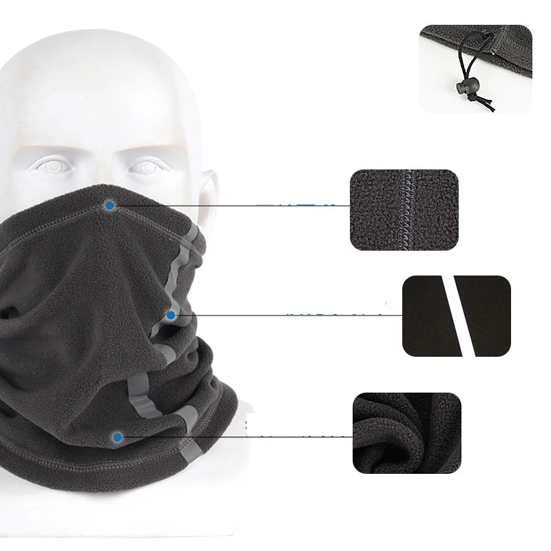 A black fleece neck warmer scarf is shown on a mannequin head with separate components displayed.