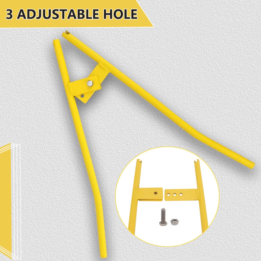 Yellow adjustable hole tool used for heavy duty truck brake spring removal and installation.