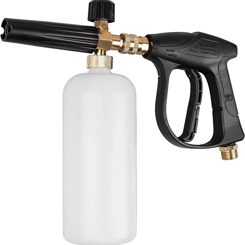 A heavy duty foam pressure washer kit consisting of a white bottle, a black wand, and a brass fitting.