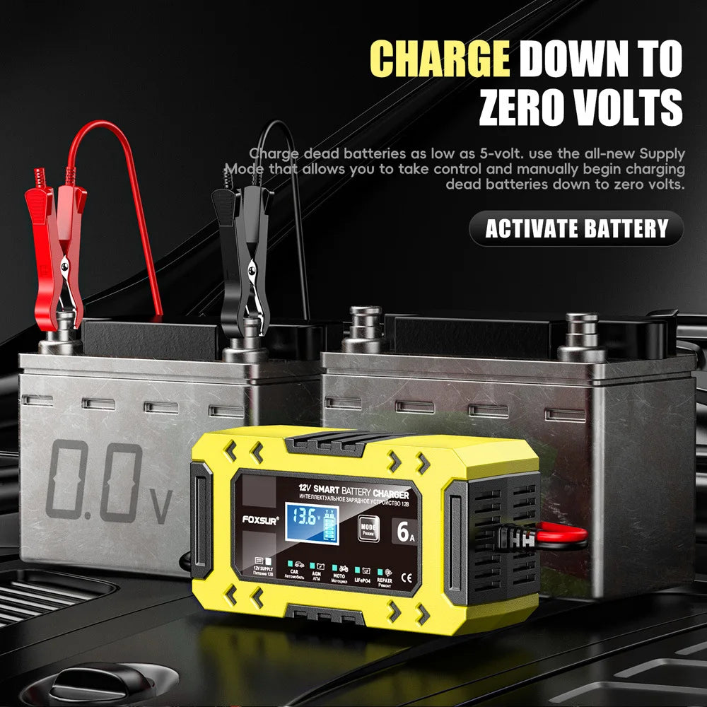 A yellow smart battery charger is shown next to a battery pack, demonstrating how to charge dead batteries down to zero volts