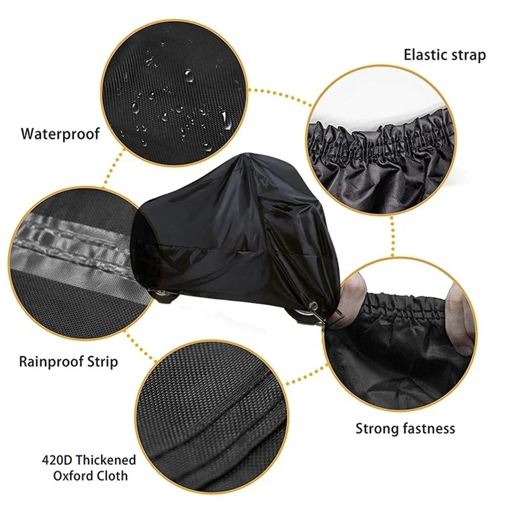 Tissu noir imperméable et résistant utilisé pour housses de moto, avec sangles élastiques et fixations solides.
