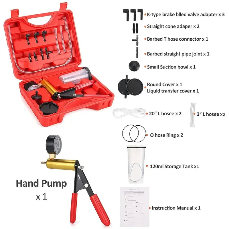 Red manual vacuum pump and brake bleeder kit with various tools and hoses