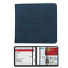 A dark blue leather card holder wallet with a silhouette of a car and text reading Registration & Insurance.