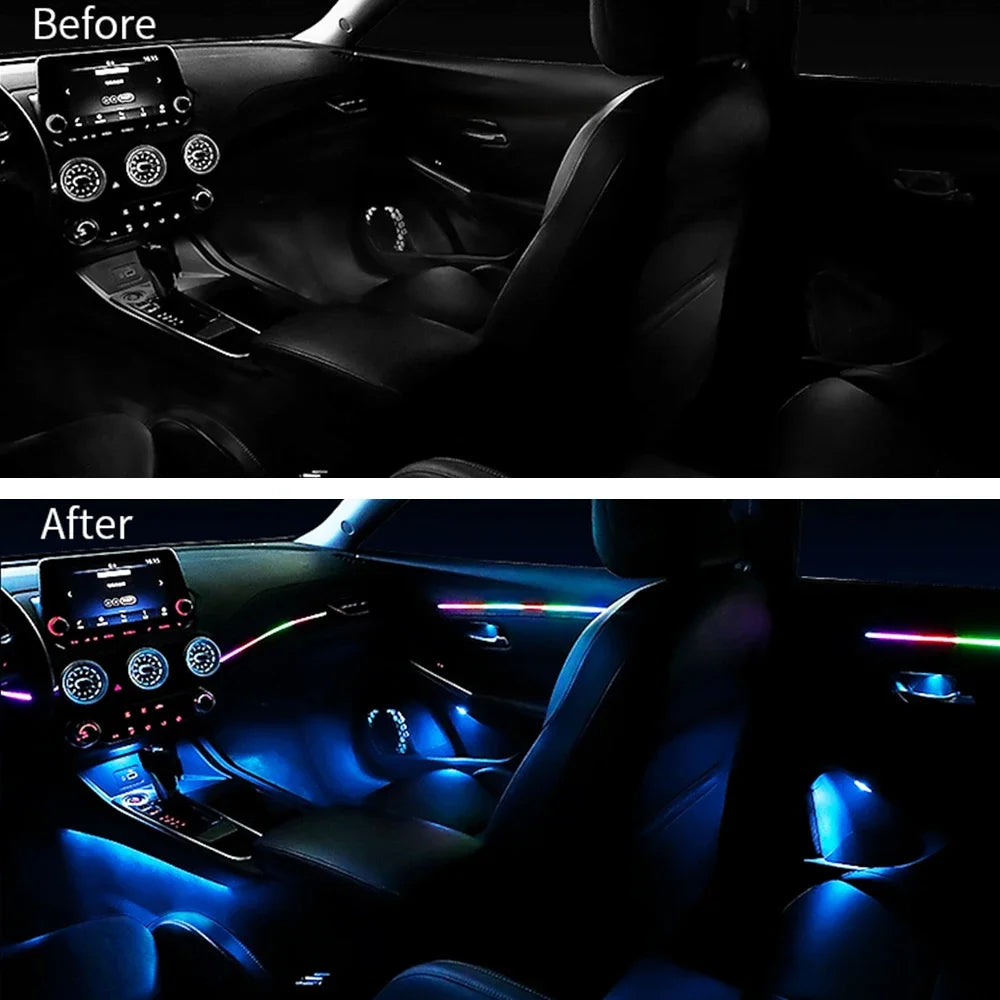 Vorher-Nachher-Vergleich von 18-in-1 RGB-Lichtleisten in der Auto-Innenausstattung.