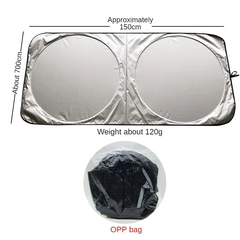 A silver car windshield sun shade visor protector measuring about 150cm long and 700cm high, shown next to an OPP bag.