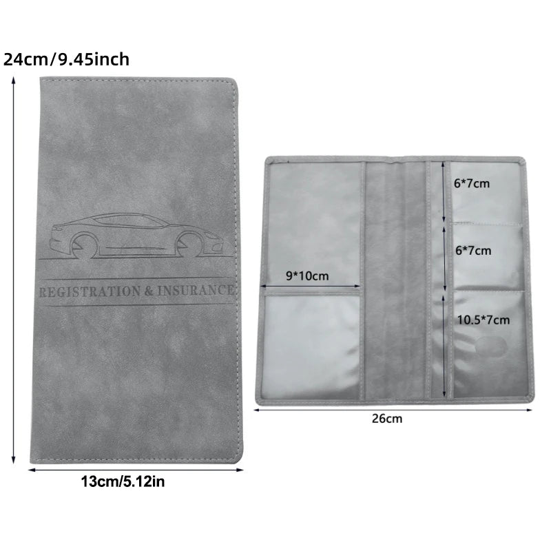 Gray PU leather document organizer featuring multiple pockets for car and driver's licenses