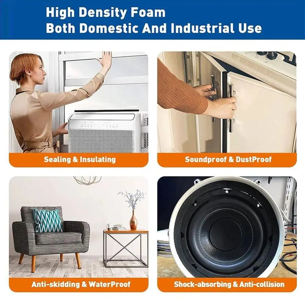 A set of durable black EVA foam sealing tape shown with various applications including domestic and industrial uses.