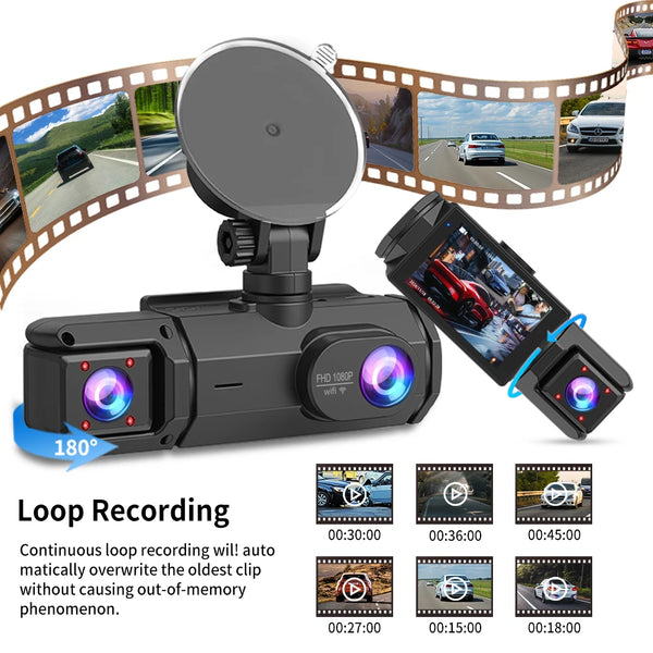 A black dash cam with a lens, mount, and recording display is shown alongside various video clips demonstrating its features.