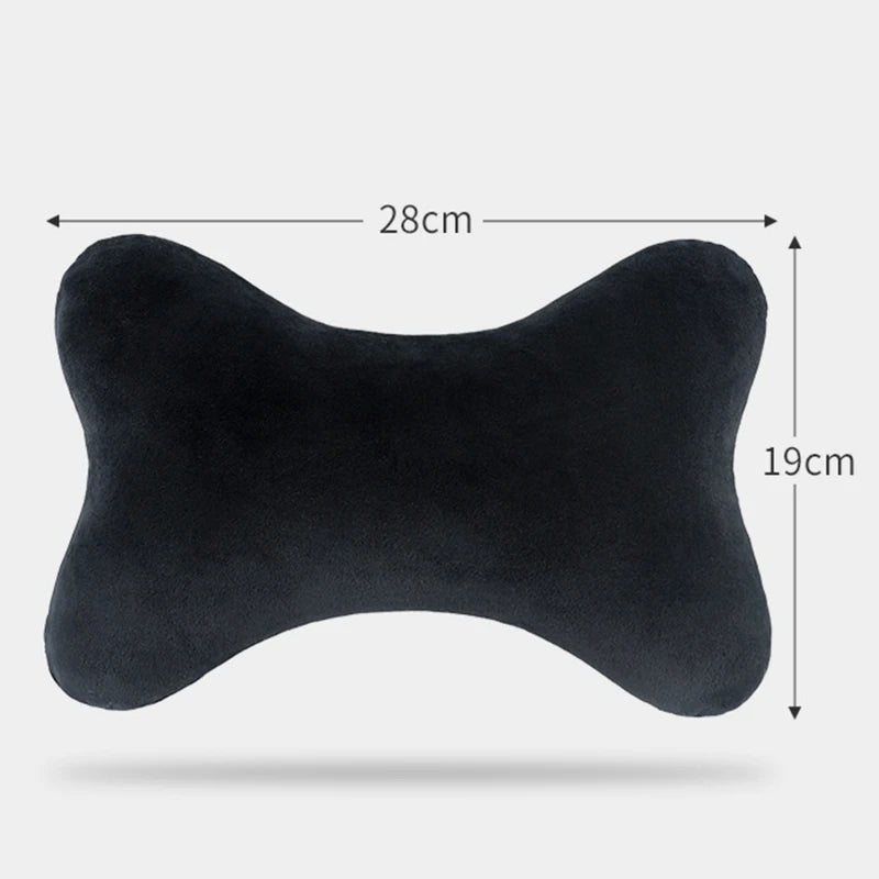 Black memory foam car neck pillow with dimensions 28cm by 19cm