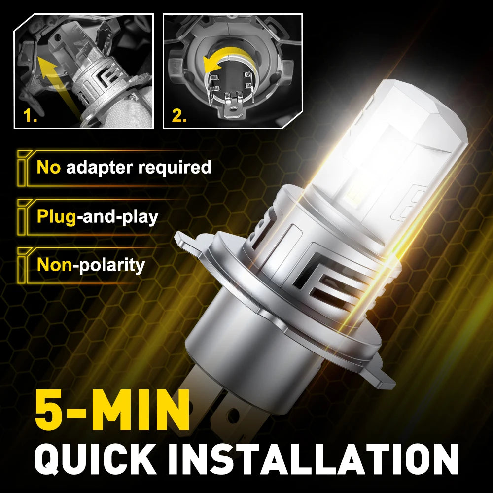 A close-up view of an H4 9003 LED headlight bulb with a cooling fan, showing installation instructions and features.
