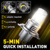 A close-up view of an H4 9003 LED headlight bulb with a cooling fan, showing installation instructions and features.