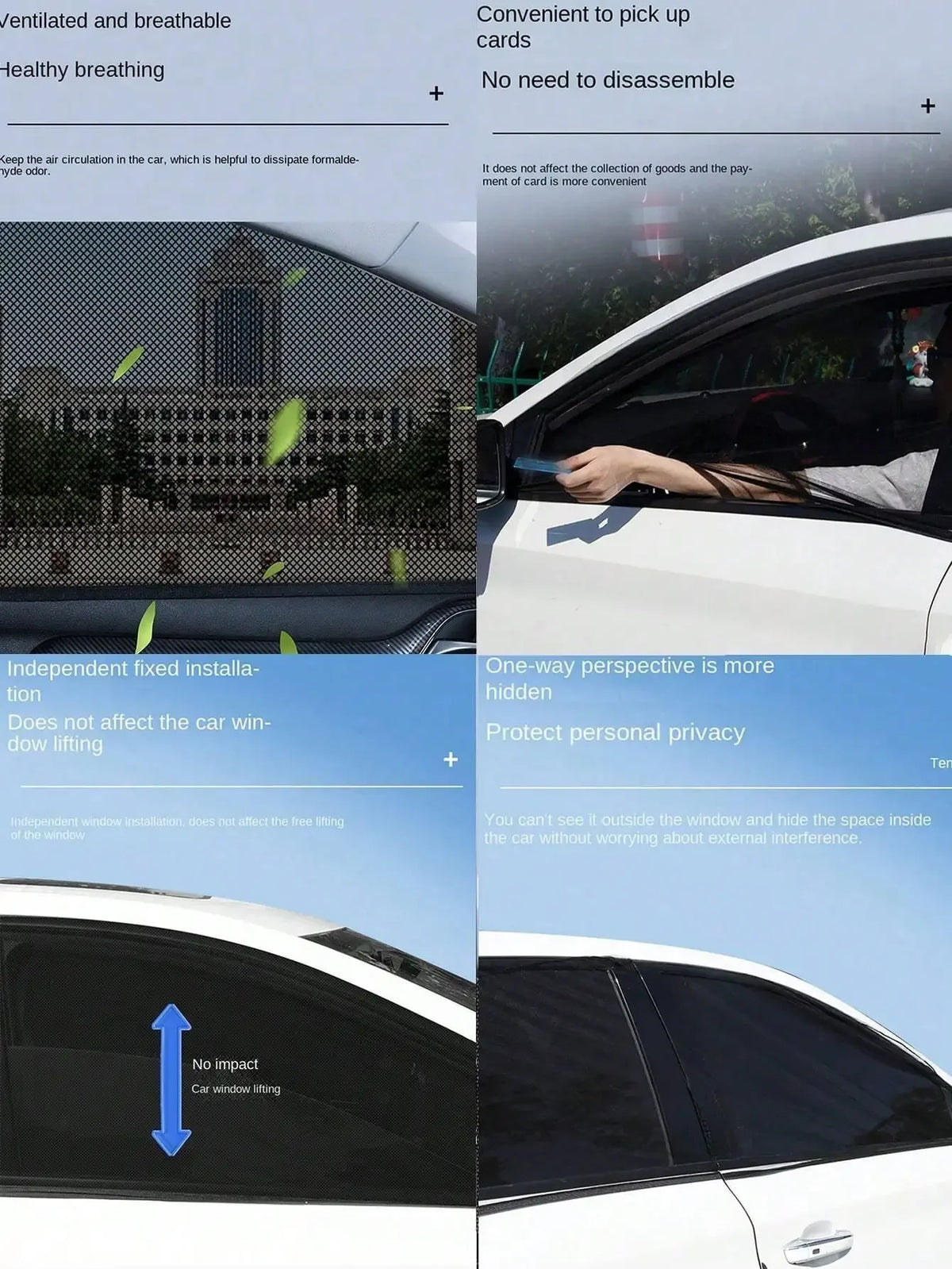 A car window is shown with a breathable mesh shade installed, demonstrating its fit and function.