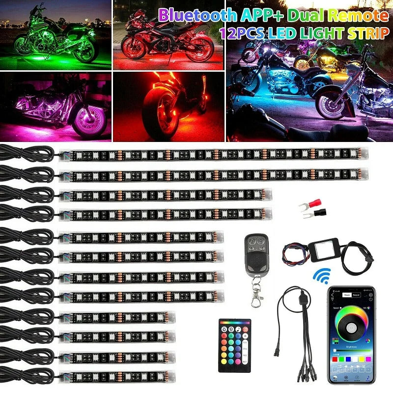 A collection of motorcycle RGB LED light strips, remote controls, and power sources for underglow kits.