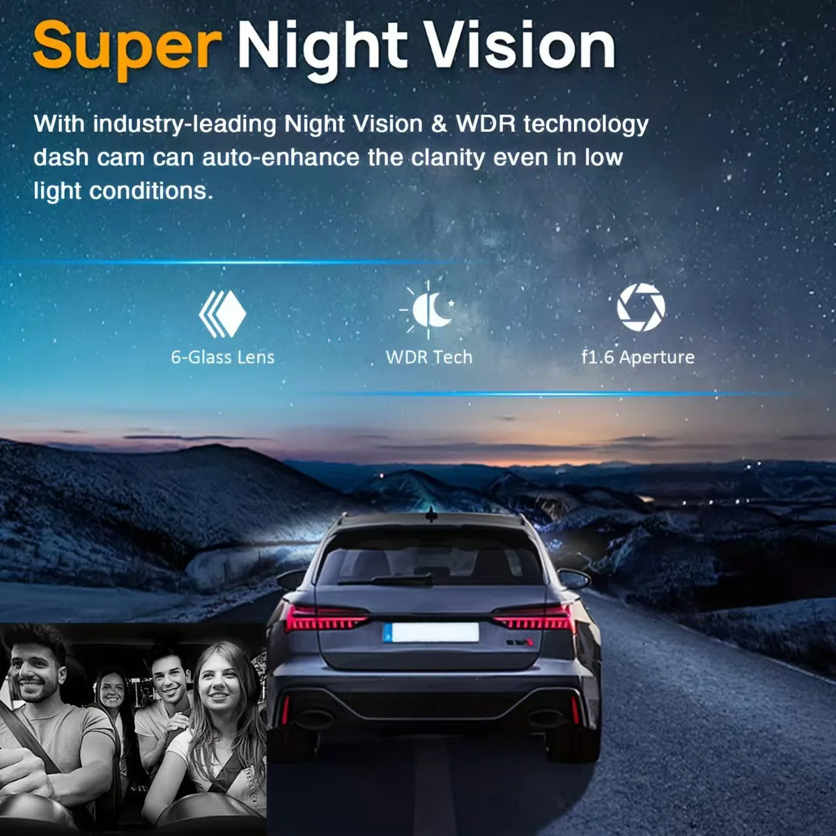 Vue arrière d'une voiture équipée d'une caméra embarquée Super Night Vision, dans un environnement extérieur sombre.