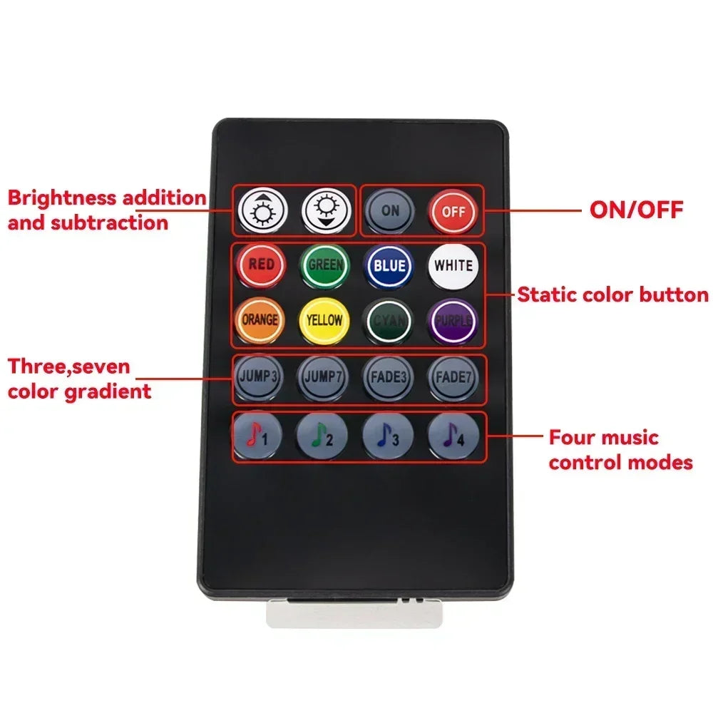 A black electronic device with various buttons for controlling brightness, color, and music modes.