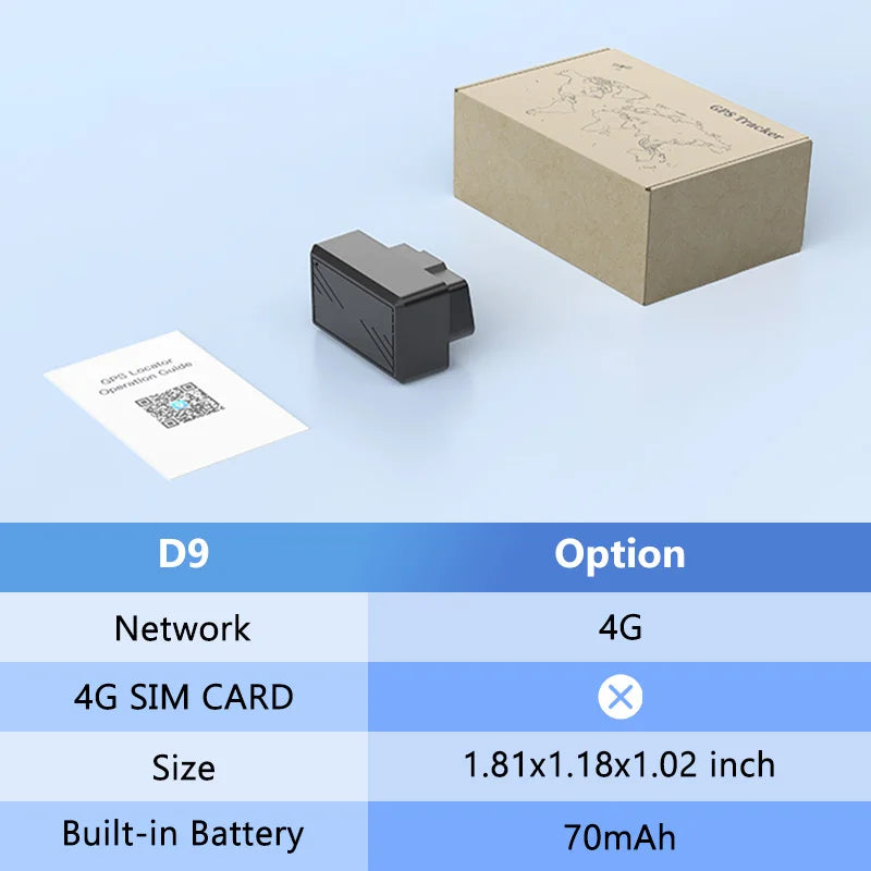 A brown box and a black GPS tracker device are shown with technical specifications listed below.