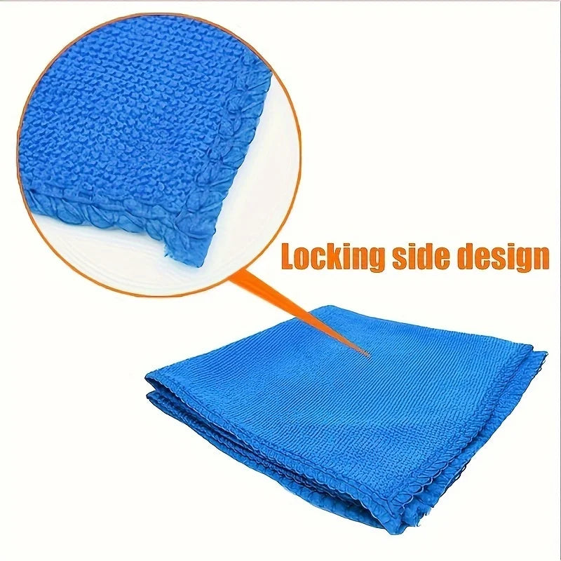A blue microfiber car cleaning cloth with a locking side design is shown folded and an enlarged view of the texture.