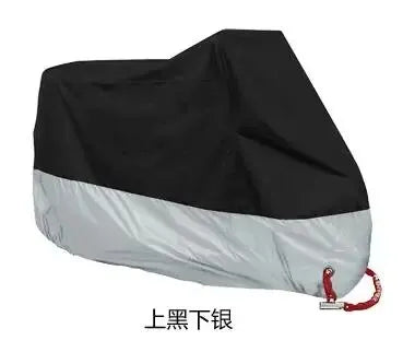 Black and gray motorcycle cover shown from the top, featuring waterproof and UV protection.