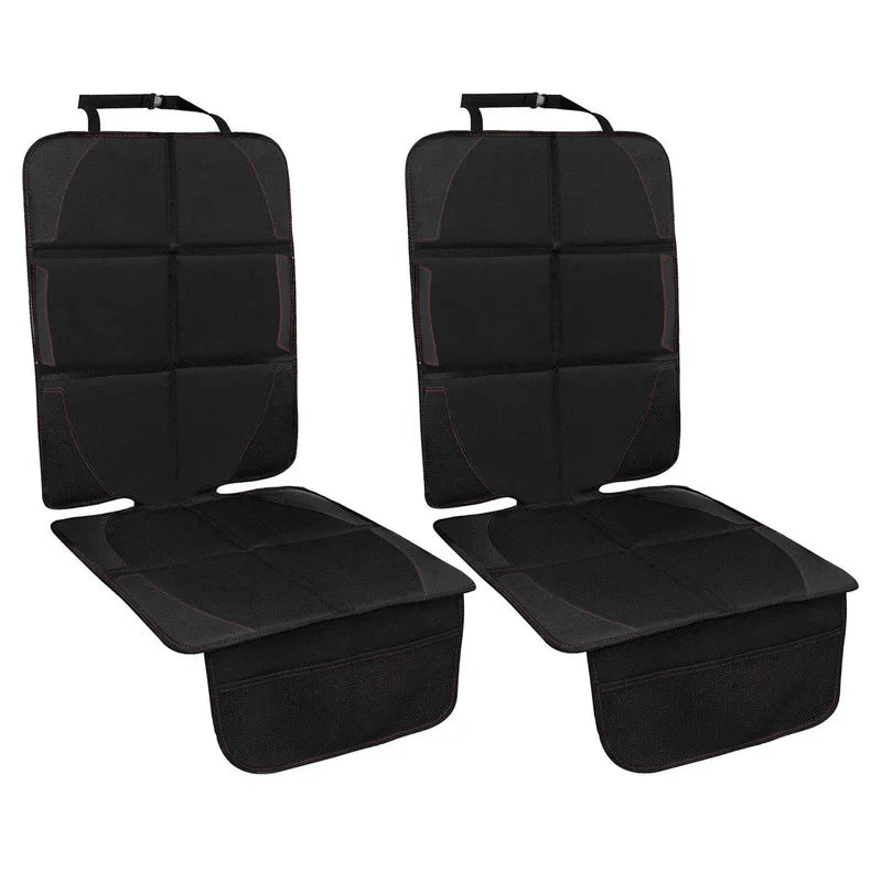 A pair of black universal car seat protectors with ISOFIX access for rear seats.