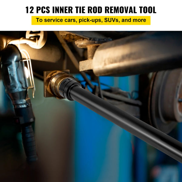 A close-up of a 12-piece inner tie rod removal tool set being used on a vehicle suspension component.