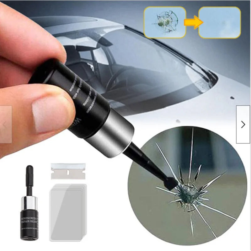 A black glass crack repair kit is shown being used to fix a scratch on a car windshield.