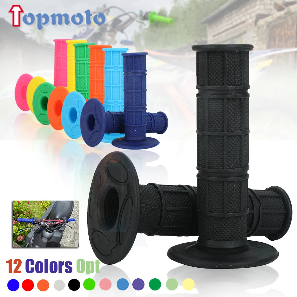 A variety of colorful gel rubber handlebar grips and a black ribbed grip are displayed for dirt bikes.
