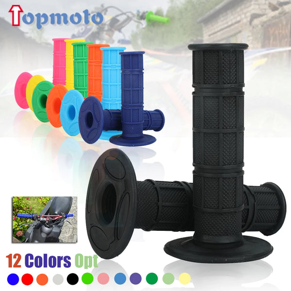 A variety of colorful gel rubber handlebar grips and a black ribbed grip are displayed for dirt bikes.