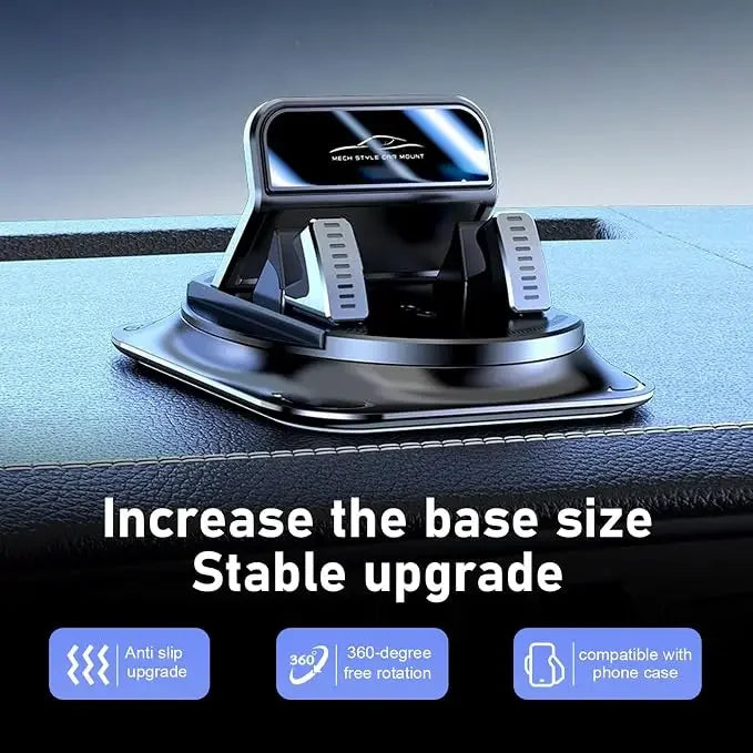 A black 360-degree rotating anti-slip phone mount designed for a car dashboard.