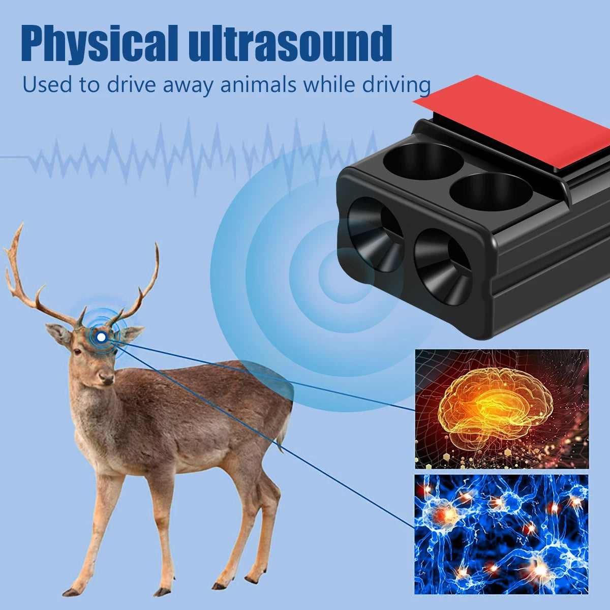 A device used to drive away animals, featuring a red component and an ultrasonic sound wave targeting a deer.
