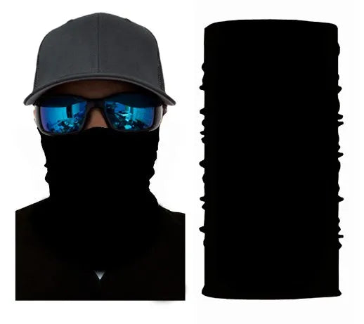 A black tactical balaclava full face mask worn by a person, shown in a profile view.