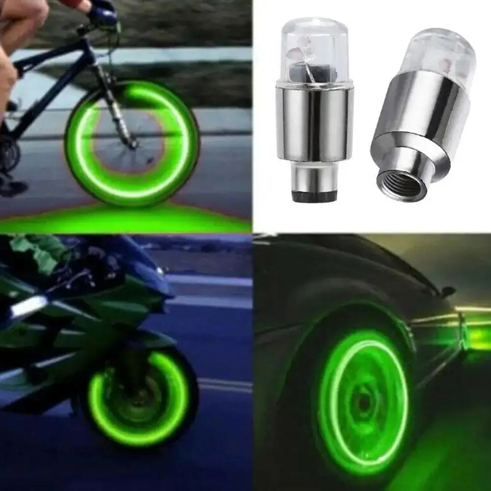 Various views of universal LED wheel lights installed on a bicycle and a car wheel.
