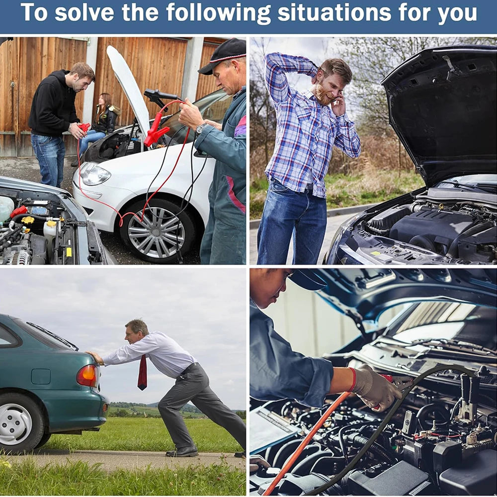 Collage de personnes utilisant un câble de démarrage robuste pour démarrer une voiture avec des outils 18V.