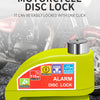 A yellow disc lock is shown next to a motorcycle engine part, highlighting its features like alarm and waterproof capability.