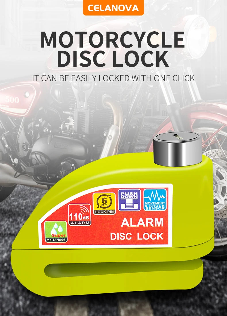 A yellow disc lock is shown next to a motorcycle engine part, highlighting its features like alarm and waterproof capability.