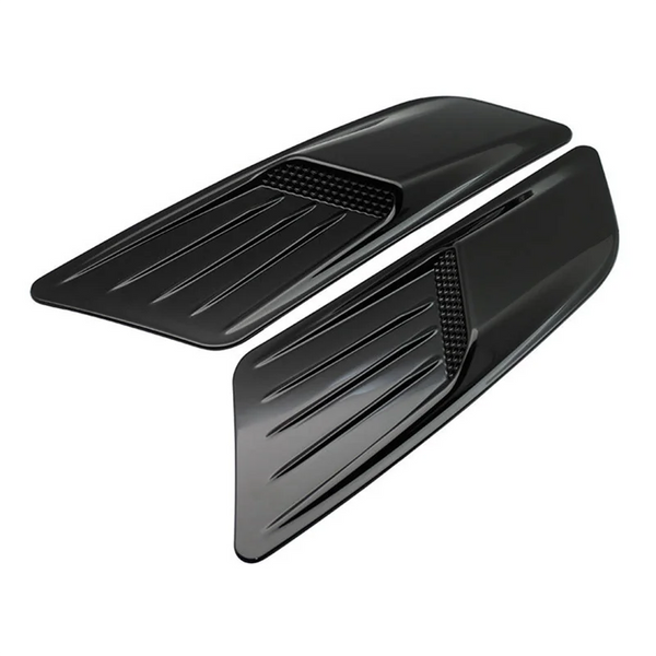 Black retrofit false air outlet hood for a Ford Mustang