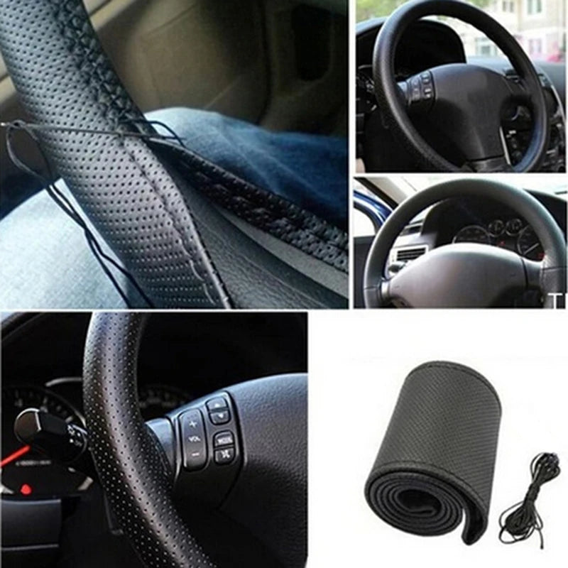 Black faux leather steering wheel cover with a sewing kit and a rolled-up black cord.